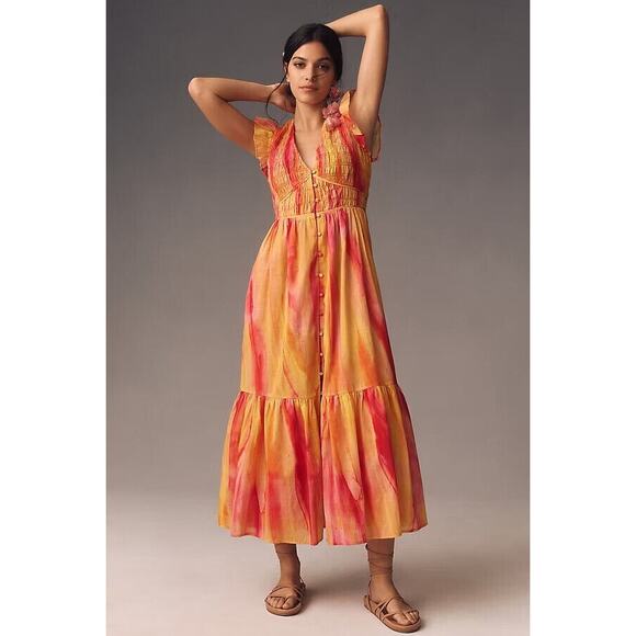 Anthropologie The Peregrine Midi Dress Pink Orange Combo Large - Picture 1 of 11